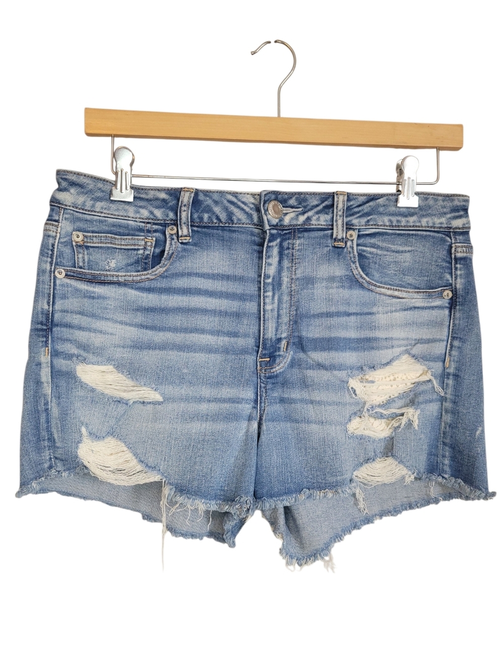American Eagle Hi Rise Shortie Shorts 14 Distressed Crochet Raw Hem Festival